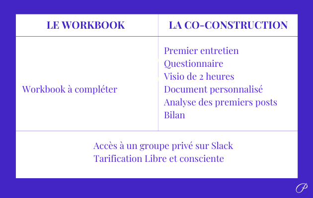 Texte violet sur fond blanc et arrière plan violet.
Le contenu décrit l'offre workbook et l'offre co-construction pour linkedin.